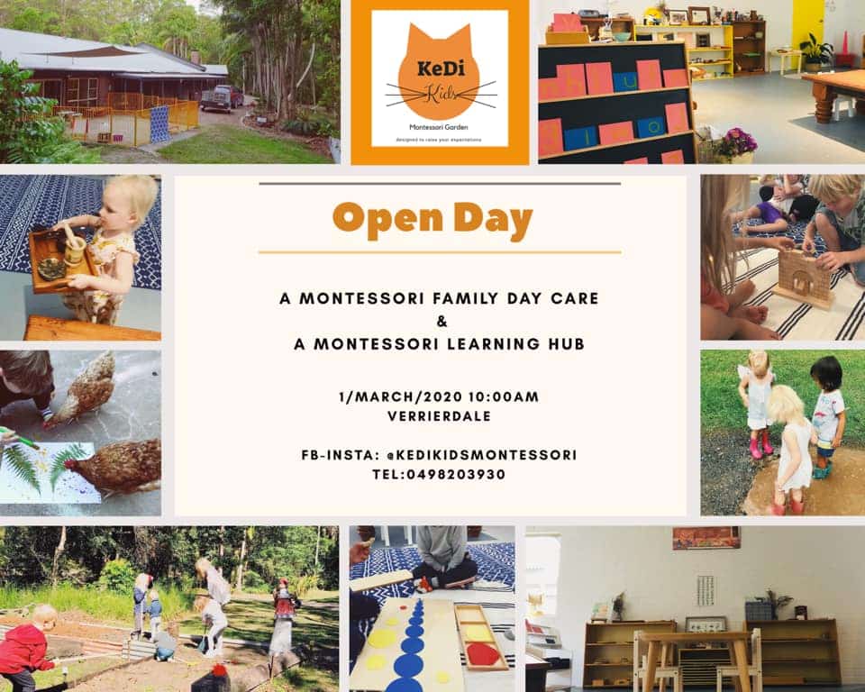 OPEN DAY @ Kedi Kids Montessori Garden, Verriedale.
Bring your family along and discover what we do. Explore are gardens and chat with our friendly staff.