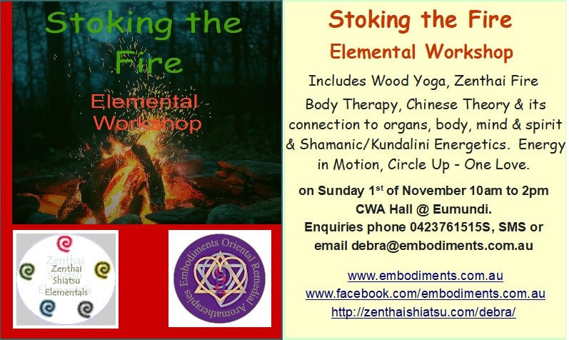 Stoking the Fire the Woods Elemental Workshop. Includes Wood Yoga, Zenthai Fire Body Therapy, Chinese Theory & its connection to organs, body, mind & spirit & Shamanic/Kundalini Energetics.
